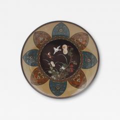 Antique Meiji Japanese Cloisonne Enamel Plate Charger Two Sparrows in Blossoming - 3926389