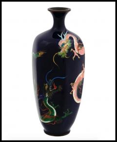 Antique Meiji Japanese Cloisonne Enamel Vase with Pink and Green Dueling Dragons - 3901878