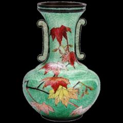 Antique Meiji Japanese Cloisonne Ginbari Enamel Green Double Handle Vase - 3902971