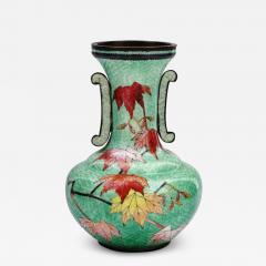 Antique Meiji Japanese Cloisonne Ginbari Enamel Green Double Handle Vase - 3931305