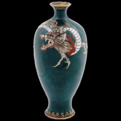 Antique Meiji Japanese Cloisonne Green Goldstone Enamel Dragon Vase - 3902088