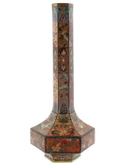 Antique Meiji Japanese Cloisonne Hexagonal Goldstone Enamel Vase - 4155904