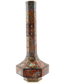 Antique Meiji Japanese Cloisonne Hexagonal Goldstone Enamel Vase - 4155906