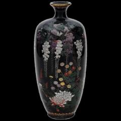 Antique Meiji Japanese Cloisonne Silver Wire Enamel Vase Birds in Garden - 3902455