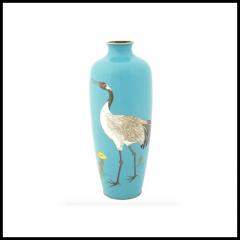 Antique Meiji Japanese Cloisonne Turquoise Enamel Crane Vase Signed OTA - 3903867