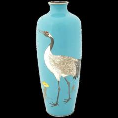 Antique Meiji Japanese Cloisonne Turquoise Enamel Crane Vase Signed OTA - 3903876