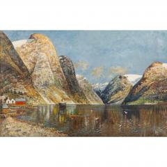 Antique Norwegian Oil Painting on Canvas of the Fjords by Becher C 1930 - 1807769