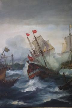 Antique Oil Painting on Canvas Battle Between Galleons 19th century - 3282800