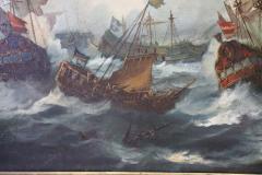 Antique Oil Painting on Canvas Battle Between Galleons 19th century - 3282803