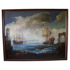Antique Oil Painting on Canvas Coastal Scene with Galleons 18th century - 3282774