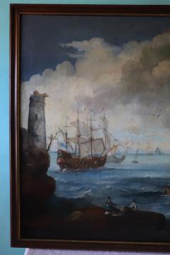 Antique Oil Painting on Canvas Coastal Scene with Galleons 18th century - 3282776