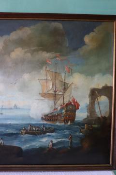 Antique Oil Painting on Canvas Coastal Scene with Galleons 18th century - 3282779
