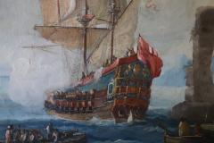 Antique Oil Painting on Canvas Coastal Scene with Galleons 18th century - 3282780