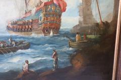 Antique Oil Painting on Canvas Coastal Scene with Galleons 18th century - 3282782