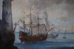 Antique Oil Painting on Canvas Coastal Scene with Galleons 18th century - 3282785