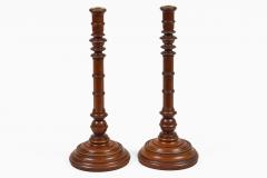 Antique Pair Mahogany Tall Turned Candlesticks - 4647483