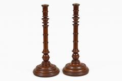 Antique Pair Mahogany Tall Turned Candlesticks - 4647485
