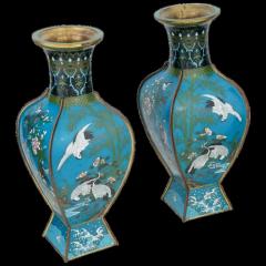 Antique Pair Of Japanese Cloisonne Enamel Vases With Hawks Cranes Scenes - 3903983