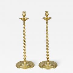 Antique Pair Tall Brass Spiral Twist Candlesticks - 1693491