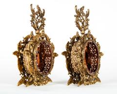 Antique Pair Topaz Glass Brass Perfume Bottles - 314408