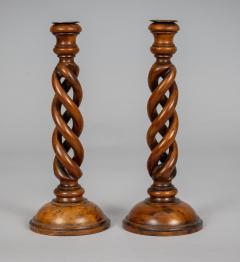 Antique Pair Yew Wood Open Barley Twist Candlesticks - 4406534