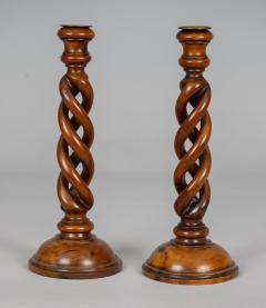 Antique Pair Yew Wood Open Barley Twist Candlesticks - 4406535
