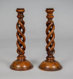 Antique Pair Yew Wood Open Barley Twist Candlesticks - 4406552