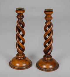 Antique Pair Yew Wood Open Barley Twist Candlesticks - 4406582