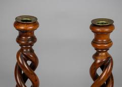 Antique Pair Yew Wood Open Barley Twist Candlesticks - 4406583