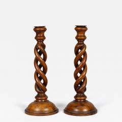 Antique Pair Yew Wood Open Barley Twist Candlesticks - 4419615