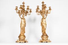 Antique Pair of Bronze Six Light Candelabra with Flame Finials - 717388