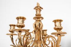Antique Pair of Bronze Six Light Candelabra with Flame Finials - 717389
