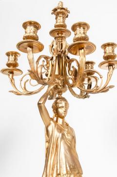 Antique Pair of Bronze Six Light Candelabra with Flame Finials - 717390