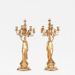 Antique Pair of Bronze Six Light Candelabra with Flame Finials - 718827