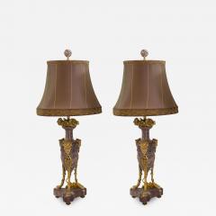 Antique Pair of French Purple Marble and Bronze Lamps with Custom Silk Shades - 2289432