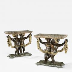 Antique Pair of Italian Giltwood and Ebony Console Side Tables - 1149288