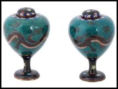 Antique Pair of Japanese Cloisonne Enamel Dragon and Phoenix Bird Jars - 3904039