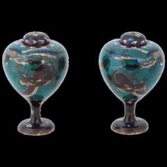 Antique Pair of Japanese Cloisonne Enamel Dragon and Phoenix Bird Jars - 3904057