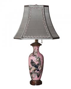 Antique Pair of Japanese Handpainted Pink Porcelain Lamps with Silver Shades - 2241158