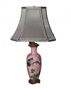 Antique Pair of Japanese Handpainted Pink Porcelain Lamps with Silver Shades - 2241159