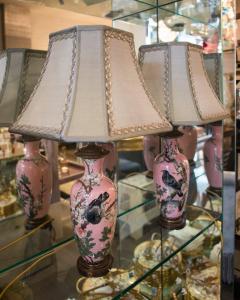 Antique Pair of Japanese Handpainted Pink Porcelain Lamps with Silver Shades - 2241160