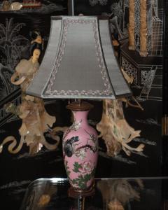 Antique Pair of Japanese Handpainted Pink Porcelain Lamps with Silver Shades - 2241161