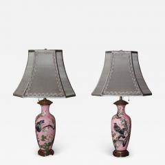 Antique Pair of Japanese Handpainted Pink Porcelain Lamps with Silver Shades - 2250183