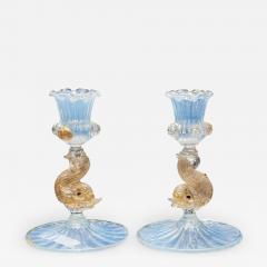 Antique Pair of Venetian Candlesticks in Opalescent Glass with Dolphin Motif - 3435232