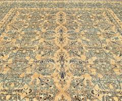 Antique Persian Kirman Beige Inky Blue Green and Brown Wool Rug - 2447597