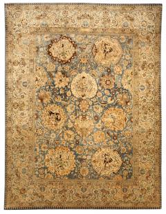 Antique Persian Tabriz Botanic Blue and Camel Handwoven Wool Rug - 2447792