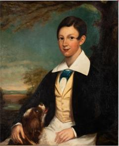 Antique Portrait Oil Painting of a Boy With Dog - 4333582