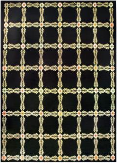 Antique Portuguese Botanic Black Yellow Needlework Rug - 2455832