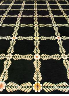 Antique Portuguese Botanic Black Yellow Needlework Rug - 2455833