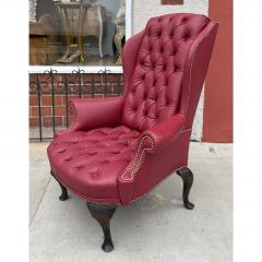 Antique Queen Anne Red Tufted Leather Wingback Chair Ottoman - 4596804